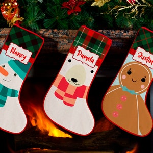 Personalized Christmas Stocking Custom Name Stocking, Holiday Stocking Decorations, Kids Stockings Santa Snowman Reindeer Polar Bear Penguin