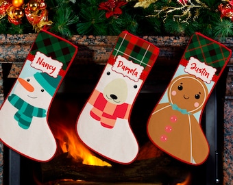 Personalized Christmas Stocking Custom Name Stocking, Holiday Stocking Decorations, Kids Stockings Santa Snowman Reindeer Polar Bear Penguin