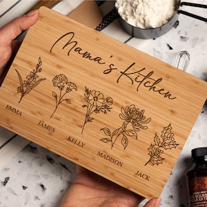 Personalized Gifts for Mom, Personalized Cutting Board, Birth Flower Mom Gifts from Daughter, Mama's Kitchen Grandmas Garden w/ Names