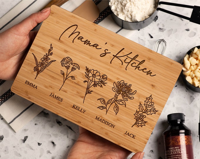 Featured listing image: Personalized Gifts for Mom, Personalized Cutting Board, Birth Flower Mom Gifts from Daughter, Mama's Kitchen Grandmas Garden w/ Names