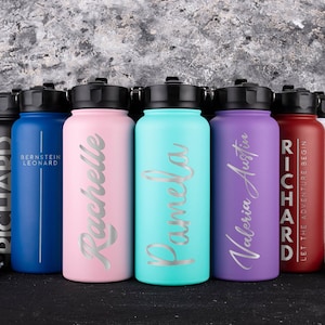 Personalized Water Bottle • Custom Water Bottle w/ Straw Lid • Personalized Gifts for Her • Engraved Name Bottle Stainless Steel Insulated