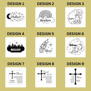 May include: Nine different designs for personalized acrylic night lights. Designs include a moon and stars with "Madison", a rainbow with "Madison", a unicorn with "Sophia", a forest with "William", a rocket with "Oliver", a dinosaur with "William", and crosses with names and dates.