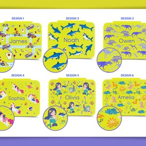 May include: Six different designs for personalized lunch boxes. Each box features a different theme: race cars, sharks, dinosaurs, unicorns, mermaids, and dinosaurs. The boxes are yellow with colorful illustrations and personalized names.
