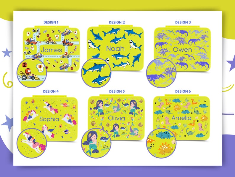 May include: Six different designs for personalized lunch boxes. Each box features a different theme: race cars, sharks, dinosaurs, unicorns, mermaids, and dinosaurs. The boxes are yellow with colorful illustrations and personalized names.