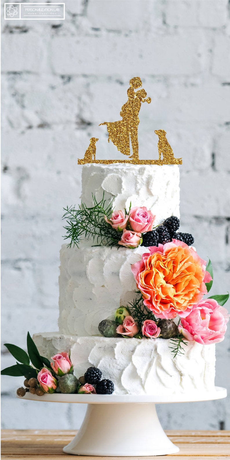 Bride Groom Kissing with Two Dogs Elegant Wedding Cake