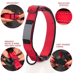 May include: Red dog collar with a black metal D-ring, a black metal buckle, and a black metal tag. The collar has a soft padded lining and reflective stitching. "ADJUSTABLE", "DURABLE METAL D-RING FOR DOG LEASH", "REFLECTIVE STITCHES (visible at night)", and "SOFT PADDED LINING" are written on the image.