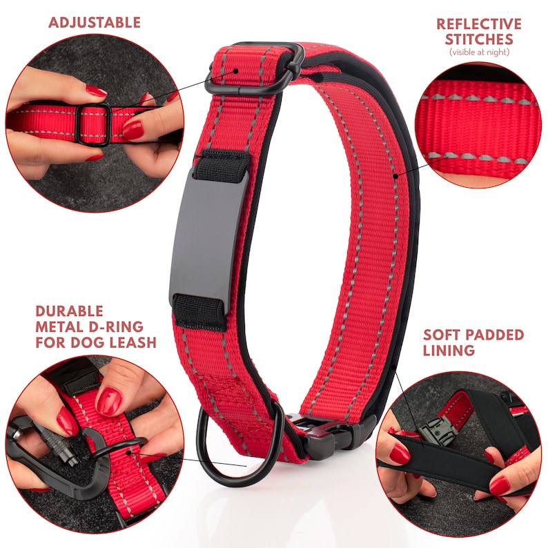 May include: Red dog collar with a black metal D-ring, a black metal buckle, and a black metal tag. The collar has a soft padded lining and reflective stitching. "ADJUSTABLE", "DURABLE METAL D-RING FOR DOG LEASH", "REFLECTIVE STITCHES (visible at night)", and "SOFT PADDED LINING" are written on the image.
