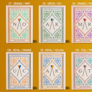 May include: Six wedding invitation designs with ornate borders and the text "THE PERFECT MATCH." Each card features initials and the date "30 JUNE 2025." Color schemes include orange/mint, green/sky, orange/purple, royal/orange, royal/yellow, and teal/pink.
