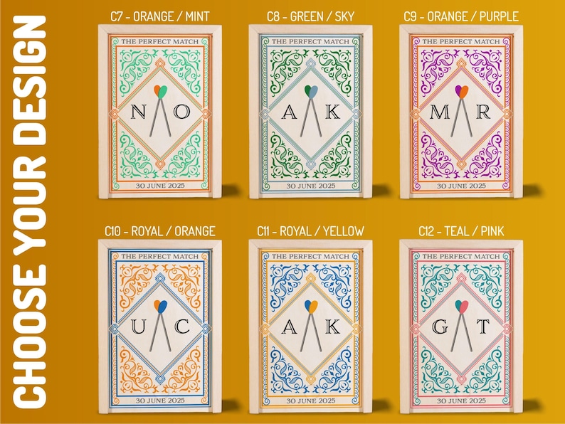 May include: Six wedding invitation designs with ornate borders and the text "THE PERFECT MATCH." Each card features initials and the date "30 JUNE 2025." Color schemes include orange/mint, green/sky, orange/purple, royal/orange, royal/yellow, and teal/pink.