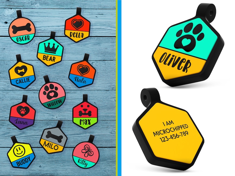 May include: Assortment of colorful dog tags with various designs and names, including a paw print, a bone, a heart, a crown, a butterfly, and a smiley face. Some tags also include the text "I am microchipped" and a phone number.