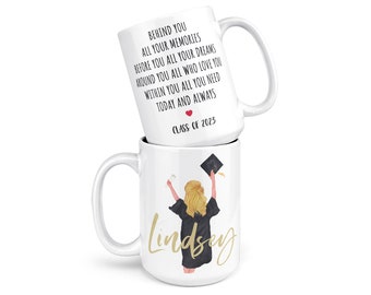 Custom Graduation Gift for Her, Personalized Graduation Mug 15 Oz. College Graduate, Select Hair Style, Skin & Hood Color, Class of 2024