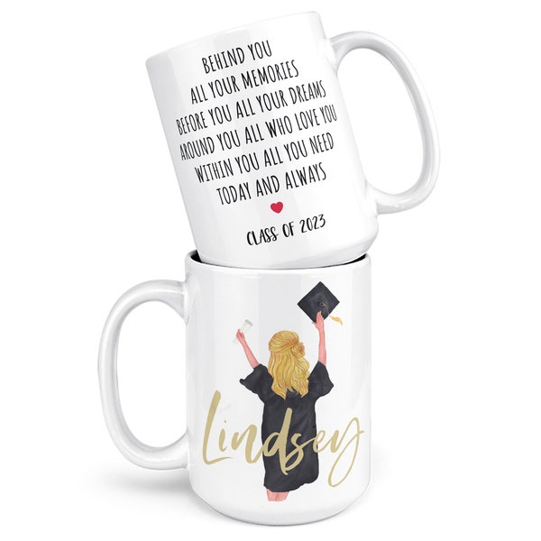 Custom Graduation Gift for Her, Personalized Graduation Mug 15 Oz. College Graduate, Select Hair Style, Skin & Hood Color, Class of 2024