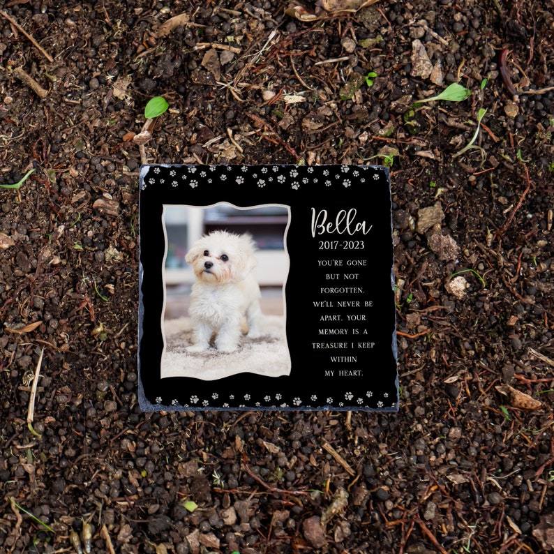 May include: Black slate memorial stone with a white dog photo, paw prints, and the text "Bella 2017-2023 You're gone but not forgotten. We'll never be apart. Your memory is a treasure I keep within my heart."