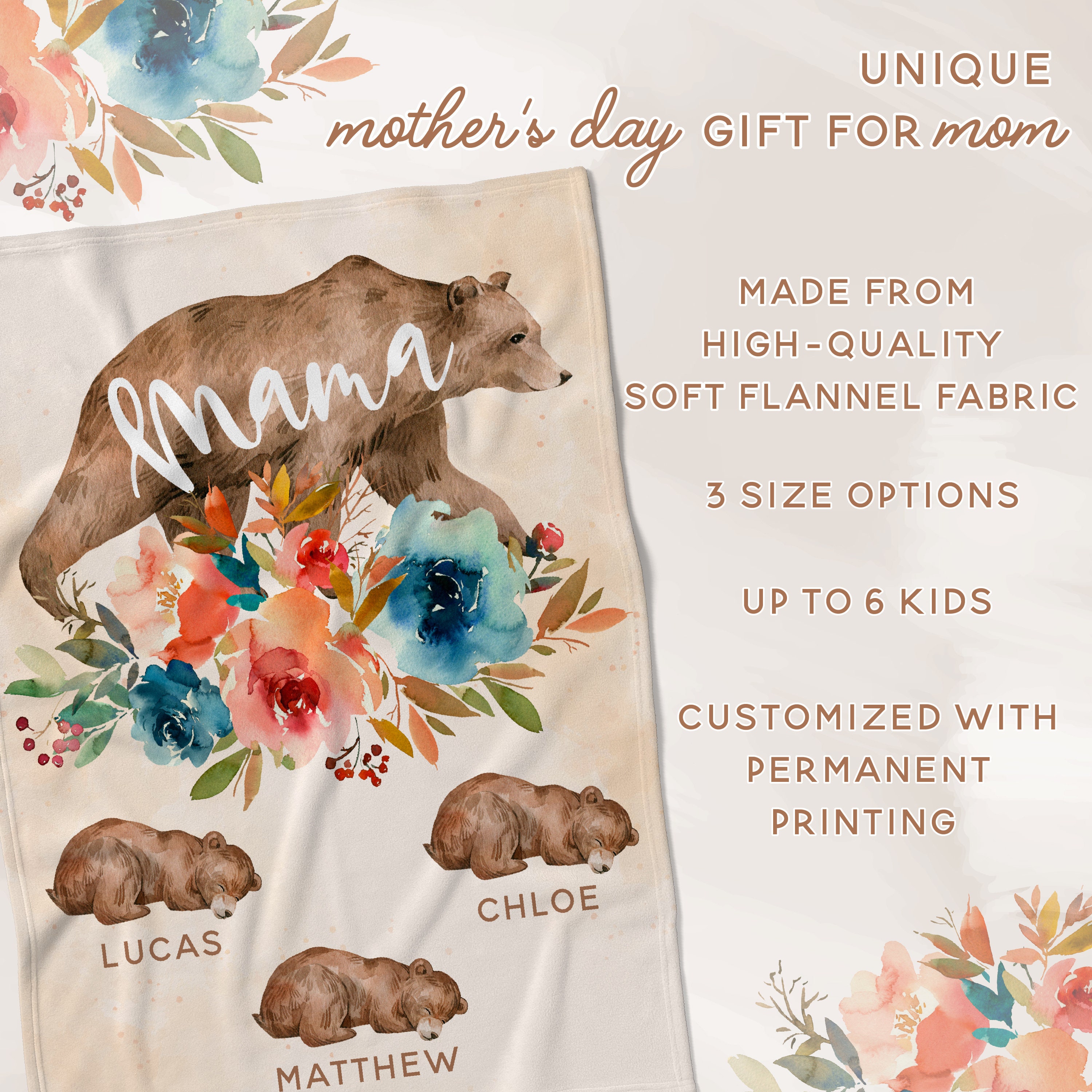 Mom Gifts, Mama Bear Blanket, Up to 6 Cubs w/ 3 Sizes - Personalized Gifts  for Mom, Birthday Gift for Wife, New Mom Gift