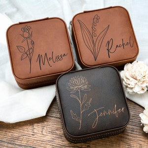 Jewelry Travel Box, Jewelry Organizer in Vegan Leather, Bridesmaid Gifts, Birth Flower Gift for Her, Birth Month Personalized Travel Case