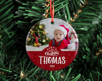 Babys First Christmas Ornament 2025, My First Christmas Ornament - Upload Photo - Custom w/ Name, Christmas Photo Baby Ornament for Newborns