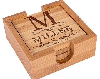 Custom Coaster, Personalized Coaster Square Bamboo, Housewarming Gift, Monogram Coasters, Wedding Gift for Couples