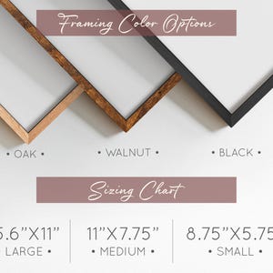 May include: A sizing chart for framed prints with three frame color options: oak, walnut, and black. The chart shows three sizes: 15.6 inches by 11 inches (large), 11 inches by 7.75 inches (medium), and 8.75 inches by 5.75 inches (small).