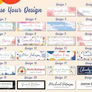 May include: A selection of 22 different name tag designs. Each design features a different background pattern and color scheme. The designs include floral, geometric, watercolor, and abstract patterns. The text on the name tags includes names, titles, and company names.