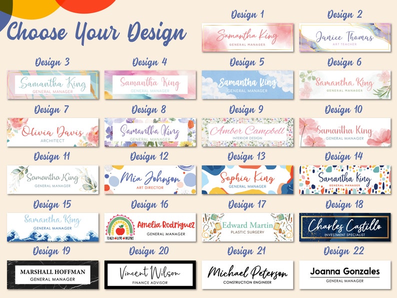 May include: A selection of 22 different name tag designs. Each design features a different background pattern and color scheme. The designs include floral, geometric, watercolor, and abstract patterns. The text on the name tags includes names, titles, and company names.