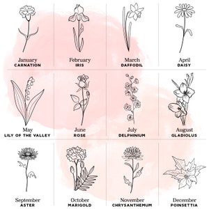 K&ouml;nnte beinhalten: Schwarz-wei&szlig;e Illustration von zw&ouml;lf Blumen, die jeweils einen Monat repr&auml;sentieren. Die Namen der Blumen sind darunter geschrieben. Der Hintergrund ist ein weicher, rosa Aquarell-Waschgang.