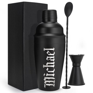 Gifts for Him - Personalized Cocktail Shaker Set 18 Oz - Bartender Kit - Custom Cocktail Shaker Drink Bar - Black Stainless Steel Bar Set