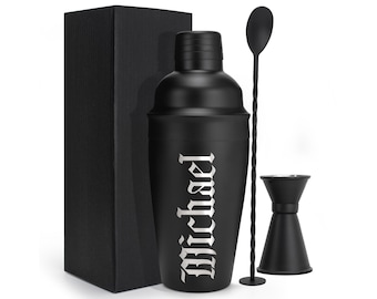 Gifts for Him - Personalized Cocktail Shaker Set 18 Oz - Bartender Kit - Custom Cocktail Shaker Drink Bar - Black Stainless Steel Bar Set