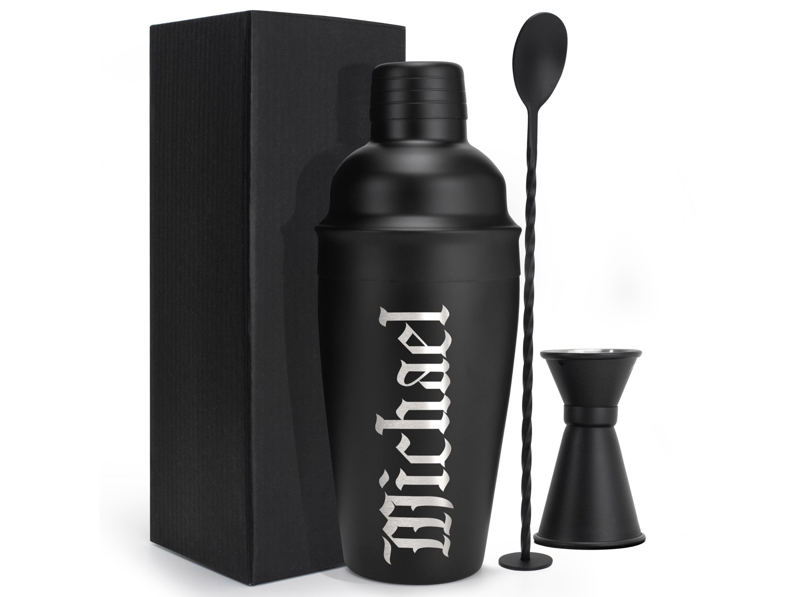 Gifts for Him - Personalized Cocktail Shaker Set 18 Oz - Bartender Kit -  Custom Cocktail Shaker Drink Bar - Black Stainless Steel Bar Set