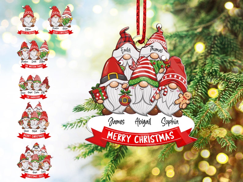 May include: A red and white Christmas ornament featuring five gnomes with different hats and beards. The gnomes are holding gifts, candy canes, and a gingerbread man. The ornament has the text "Merry Christmas" on a red ribbon.