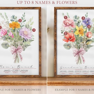 May include: Two framed watercolor illustrations of flower bouquets with numbered flowers and names listed below. The first frame shows a bouquet of pink, orange, and purple flowers with the text "Mom's Bunch" and the names "James, Clair, Lindsay". The second frame shows a bouquet of pink, red, yellow, purple, and white flowers with the text "Grandma's Bunch" and the names "Michael, Emma, Jessica, Giselle, Brandon".