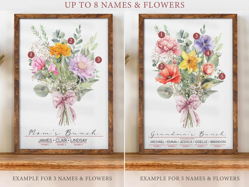 May include: Two framed watercolor illustrations of flower bouquets with numbered flowers and names listed below. The first frame shows a bouquet of pink, orange, and purple flowers with the text "Mom's Bunch" and the names "James, Clair, Lindsay". The second frame shows a bouquet of pink, red, yellow, purple, and white flowers with the text "Grandma's Bunch" and the names "Michael, Emma, Jessica, Giselle, Brandon".