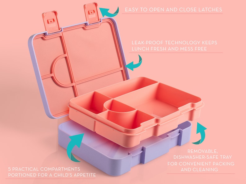 May include: A pink and purple lunchbox with five compartments and a removable tray. The lunchbox has easy-to-open latches and leak-proof technology to keep food fresh. "5 Practical Compartments Portion for a Child's Appetite" and "Removable, Dishwasher-Safe Tray for Convenient Packing and Cleaning" are written on the lunchbox.