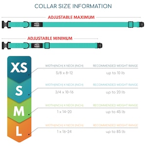 May include: A chart showing collar sizes for dogs, with a turquoise collar at the top. The chart shows the collar width and neck size in inches, and the recommended weight range in pounds for each size: XS (5/8 x 8-12 inches, up to 10 lb), S (3/4 x 10-16 inches, up to 20 lb), M (1 x 14-20 inches, up to 45 lb), and L (1 x 16-24 inches, up to 85 lb).