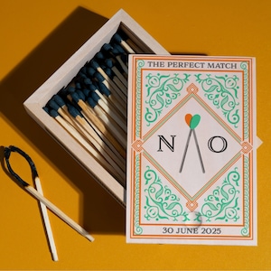 May include: A wooden matchbox filled with matches with dark blue tips, next to a card that says "THE PERFECT MATCH" with the letters "N/O" and the date "30 JUNE 2025". Two burnt matches are in the foreground. The background is yellow.