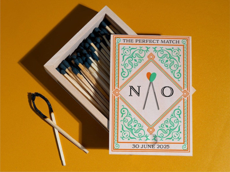 May include: A wooden matchbox filled with matches with dark blue tips, next to a card that says "THE PERFECT MATCH" with the letters "N/O" and the date "30 JUNE 2025". Two burnt matches are in the foreground. The background is yellow.