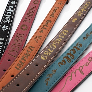 Custom Leather Dog Collar w/ Dog's Name, Dog Collar Personalized, Phone Number & Cute Icons - 6 Colors - Pet Gifts for Dog Lovers