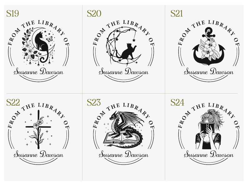 May include: A collection of six black and white circular stamps. Each stamp features the text "FROM THE LIBRARY OF" and the name "Susanne Dawson". The stamps depict various designs, including a cat, anchor, cross, dragon, and a person.