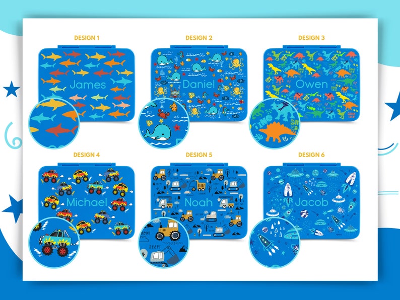May include: Six different designs for personalized lunchboxes. Each lunchbox features a different pattern, including sharks, ocean life, dinosaurs, monster trucks, construction vehicles, and spaceships. The lunchboxes are all blue with white and yellow accents. The names James, Daniel, Owen, Michael, Noah, and Jacob are printed on the lunchboxes.