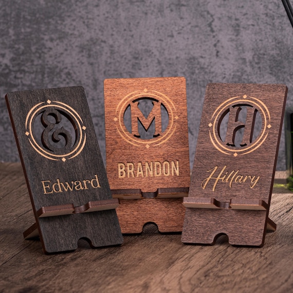 Personalized Monogram Wood Phone Stand, Custom Name and Initial Cell Phone Stand, Personalized Phone Stand Engraved, Gift for Him