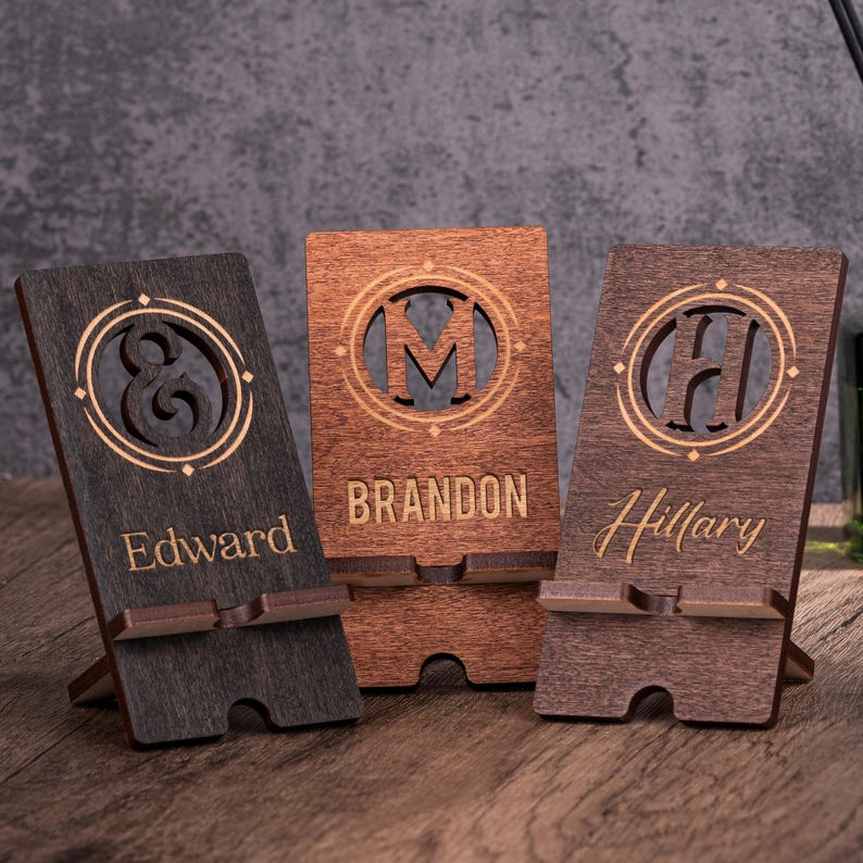 Personalized Monogram Wood Phone Stand, Custom Name and Company Logo Cell Phone Stand, Personalized Phone Stand CNC Engraved, Gift for Him