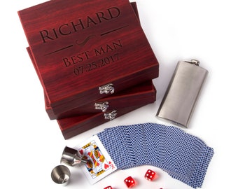 Groomsmen Gifts, Personalized Flask Gift Set, Wedding Gift, Gambler Gift | Rosewood Finish Gift Box, Flask, Dice, Playing Card Deck + Funnel