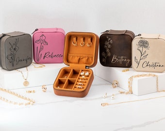 Personalized Gift for Her, Jewelry Box Travel Case, Birth Month Flower Gift, Personalized Birthday Gift, Leather Jewelry Travel Case