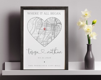 Personalized Map Couple's Sign - Custom Heart Map Print with Names - Gift for Engagement, Wedding, Anniversary - Where It All Began Sign