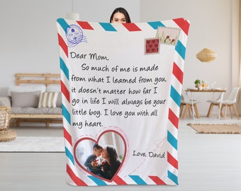 Mom Blanket w/ Photo, Mothers Day Gifts For Mom, Mom Gifts from Daughter, Personalized Blanket Letter to Mom, Long Distance Mom and Daughter