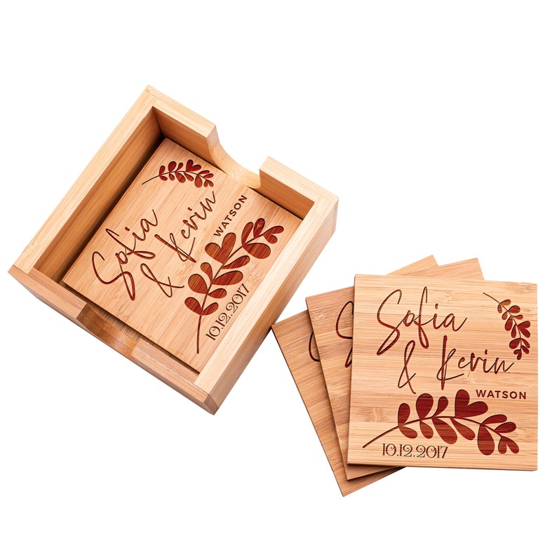 Custom Coaster Set with Holder, Personalized Coaster Set of 4 Square Bamboo, Housewarming Gift, Monogram Coasters Wedding Gift for Couples image 6