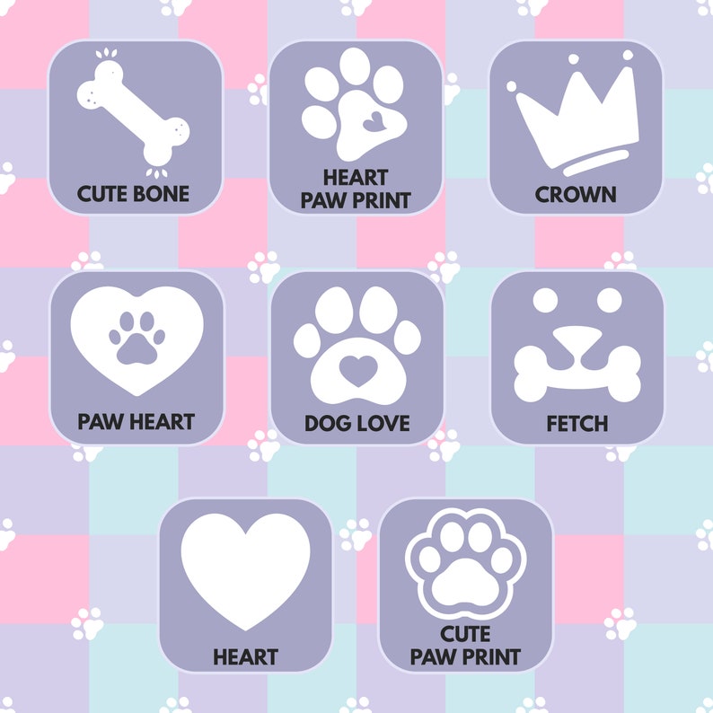 May include: Nine purple squares with white dog-themed icons and text. The icons include a bone, paw print, crown, heart, paw print with a heart, bone with a heart, heart, and paw print. The text includes "Cute Bone", "Heart Paw Print", "Crown", "Paw Heart", "Dog Love", "Fetch", "Heart", and "Cute Paw Print".