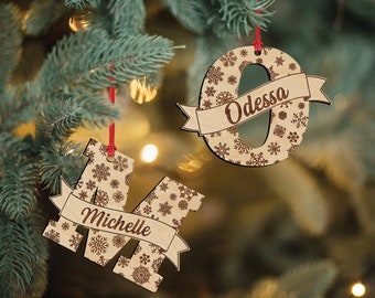 Christmas Ornament Wood Name & Initial - Laser Engraved Xmas Ornaments 2024, Personalized Ornaments for Christmas Tree Decoration