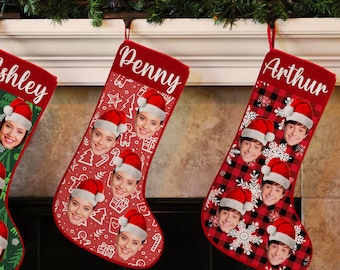 Christmas Stocking Personalized with Name 19" Multiple Face | Custom Christmas 2024 Funny Photo Stocking Gifts for Family, Friends