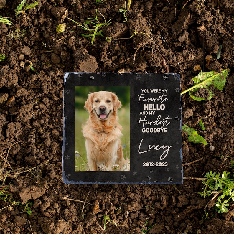 May include: Black slate memorial stone with a photo of a golden retriever dog. The text reads "You were my favourite hello and my hardest goodbye Lucy 2012-2023".