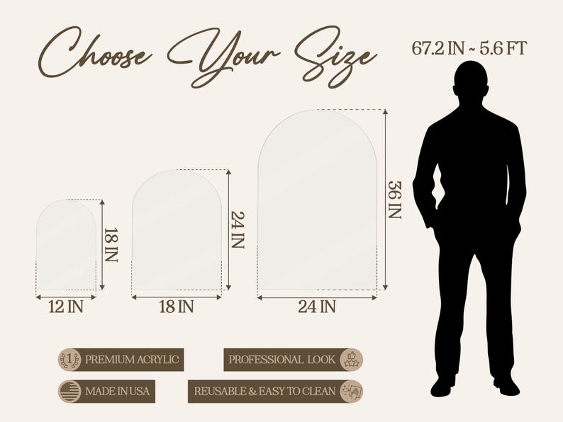 May include: Image showing three clear acrylic arch shapes of varying sizes, with dimensions in inches. The text "Choose Your Size" is at the top. Additional text includes "Premium Acrylic", "Professional Look", "Made in USA", and "Reusable & Easy to Clean".